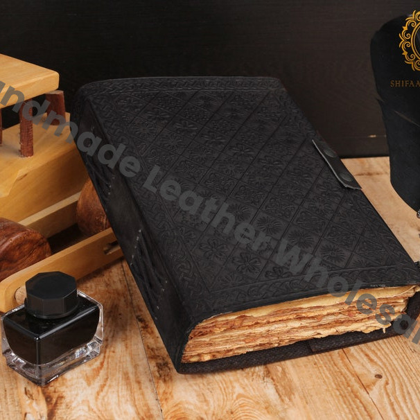 Seven Chakra Stone Black Embossed Leather Journal, Handmade Book of Shadows