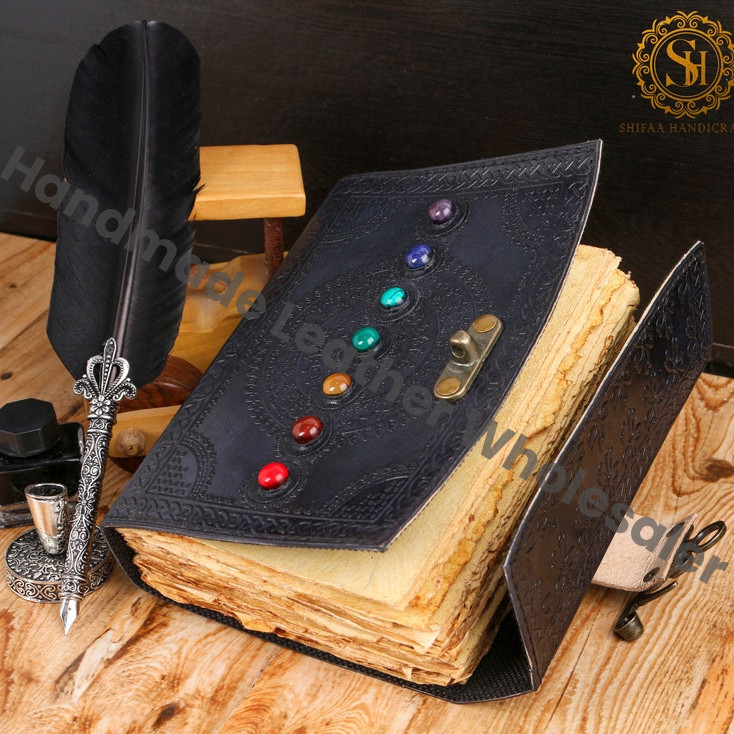Seven Chakra Stone Black Embossed Leather Journal, Handmade Book of Shadows