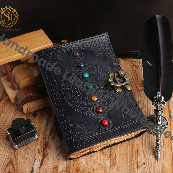 Seven Chakra Stone Black Embossed Leather Journal, Handmade Book of Shadows