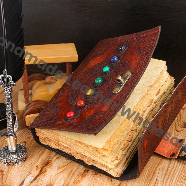 Seven Chakra Stone Embossed Leather Journal, Handmade Book of Shadows