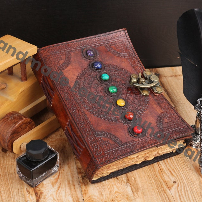 Seven Chakra Stone Embossed Leather Journal, Handmade Book of Shadows