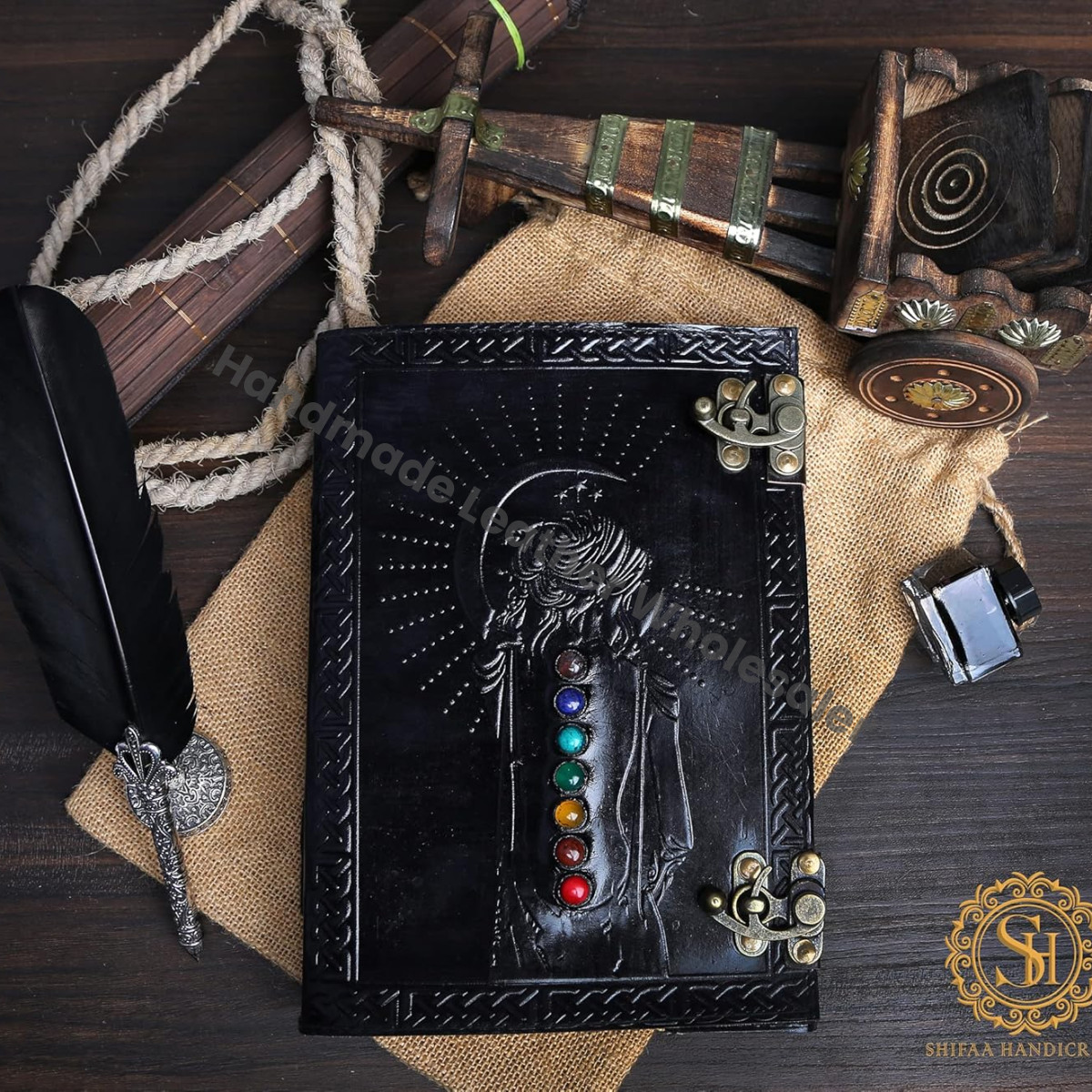 SH SHIFAA HANDICRAFT Leather Journal Book Seven Medieval Stone Embossed Handmade Book Of Shadows Notebook Office Diary College Book Poetry Book Sketch Book Deckle Paper