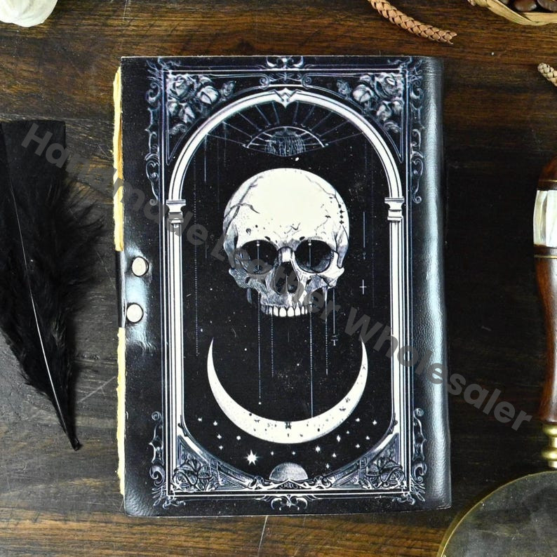 Skull Grimoire Leather Journal Witchcraft Book of Shadows | Celestial Wiccan Spellbook, Gothic Pagan Witchy Gift Diary
