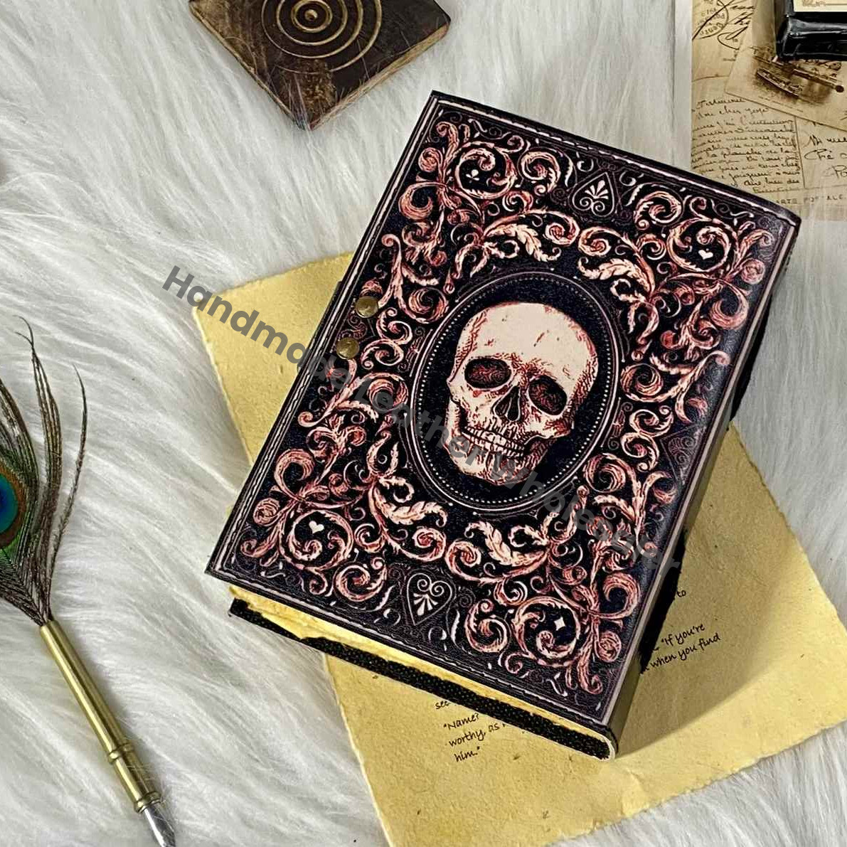 Skull Leather Journal: Vintage Book of Spells, Antique Deckle Edge Paper
