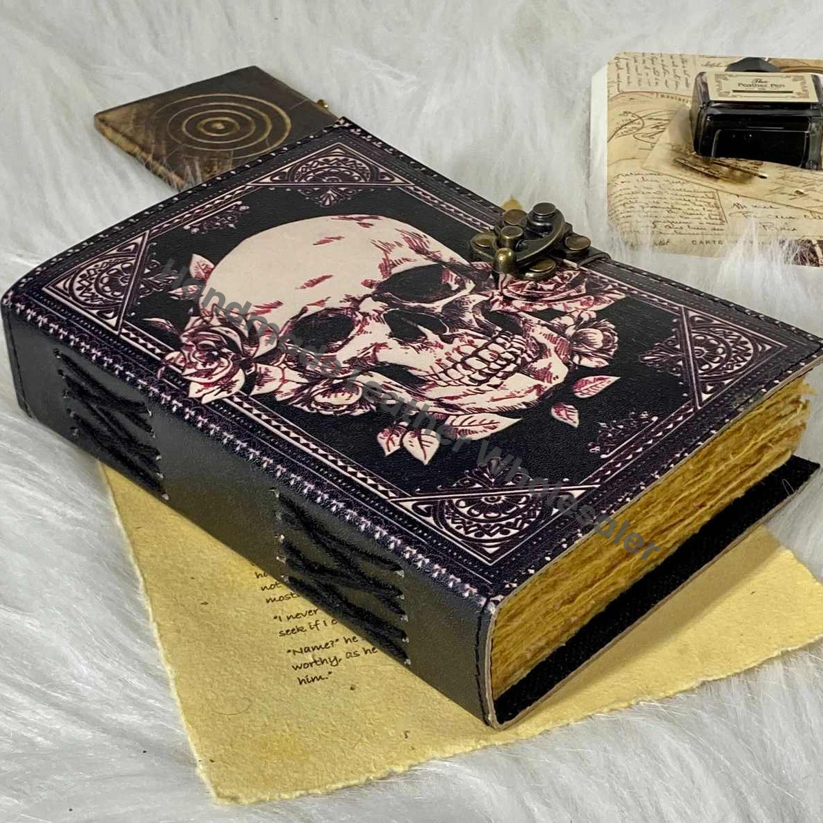 Skull Leather Journal: Vintage Book of Spells, Antique Deckle Edge Paper