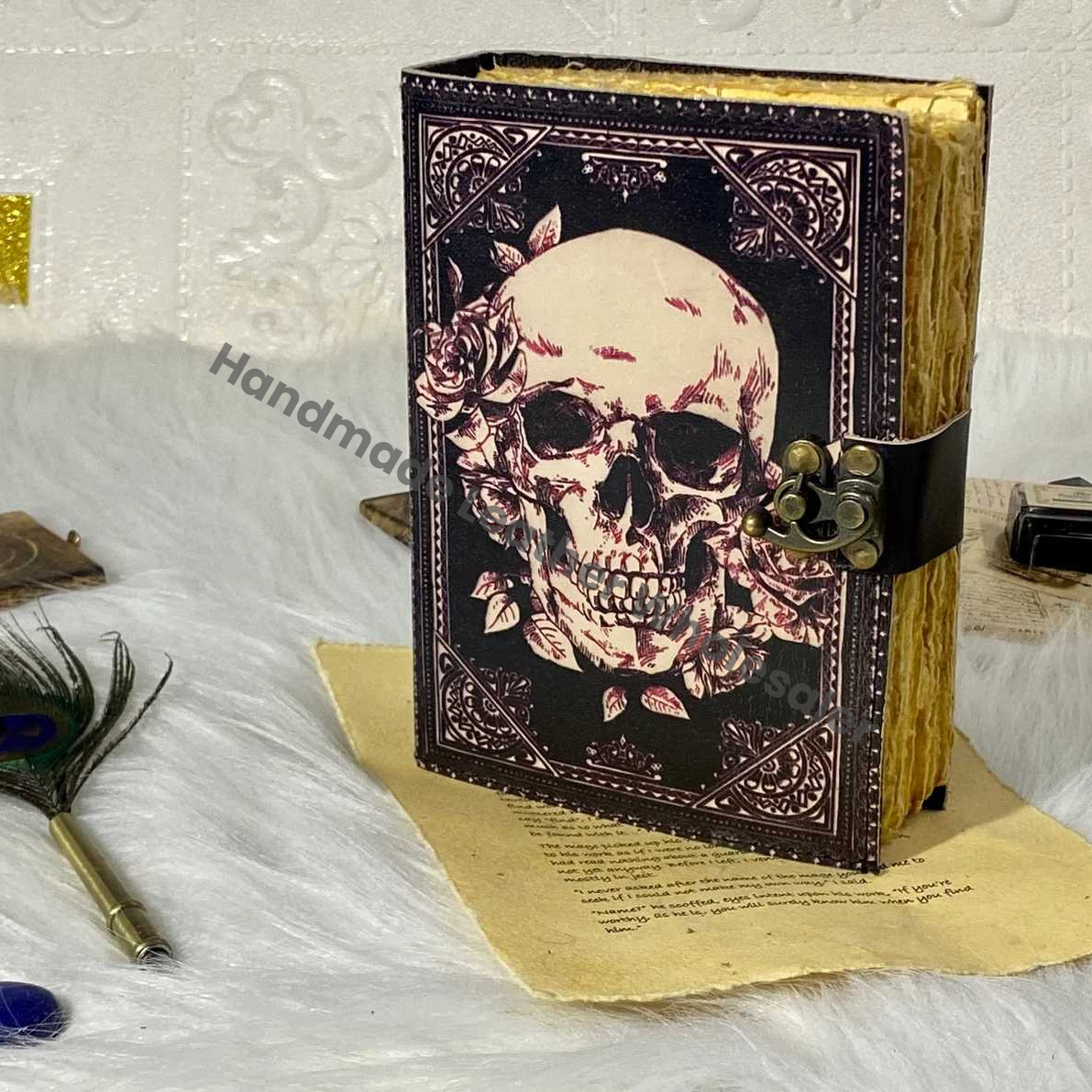 Skull Leather Journal: Vintage Book of Spells, Antique Deckle Edge Paper
