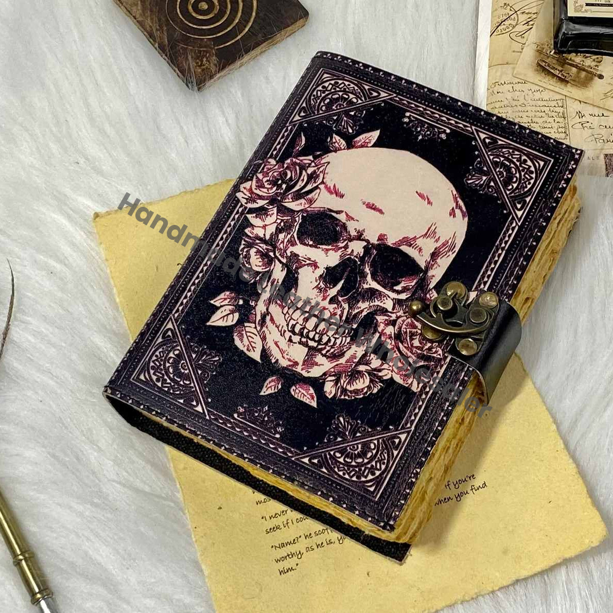 Skull Leather Journal: Vintage Book of Spells, Antique Deckle Edge Paper