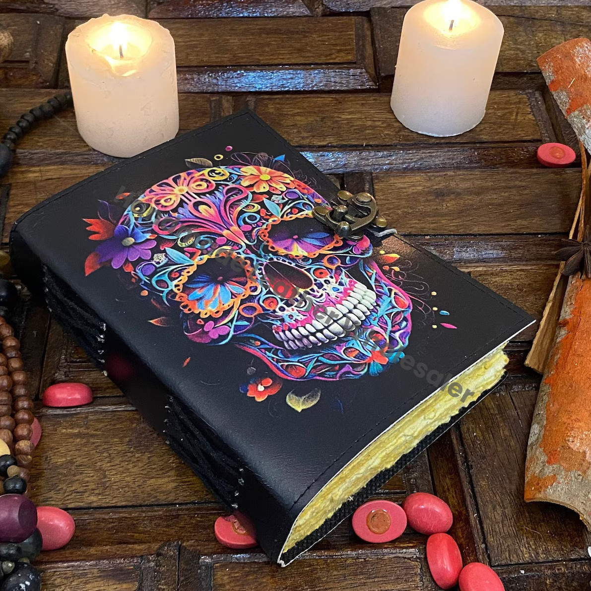 Skull Print Leather Journal: Blank Book of Shadows, Grimoire, Sketchbook