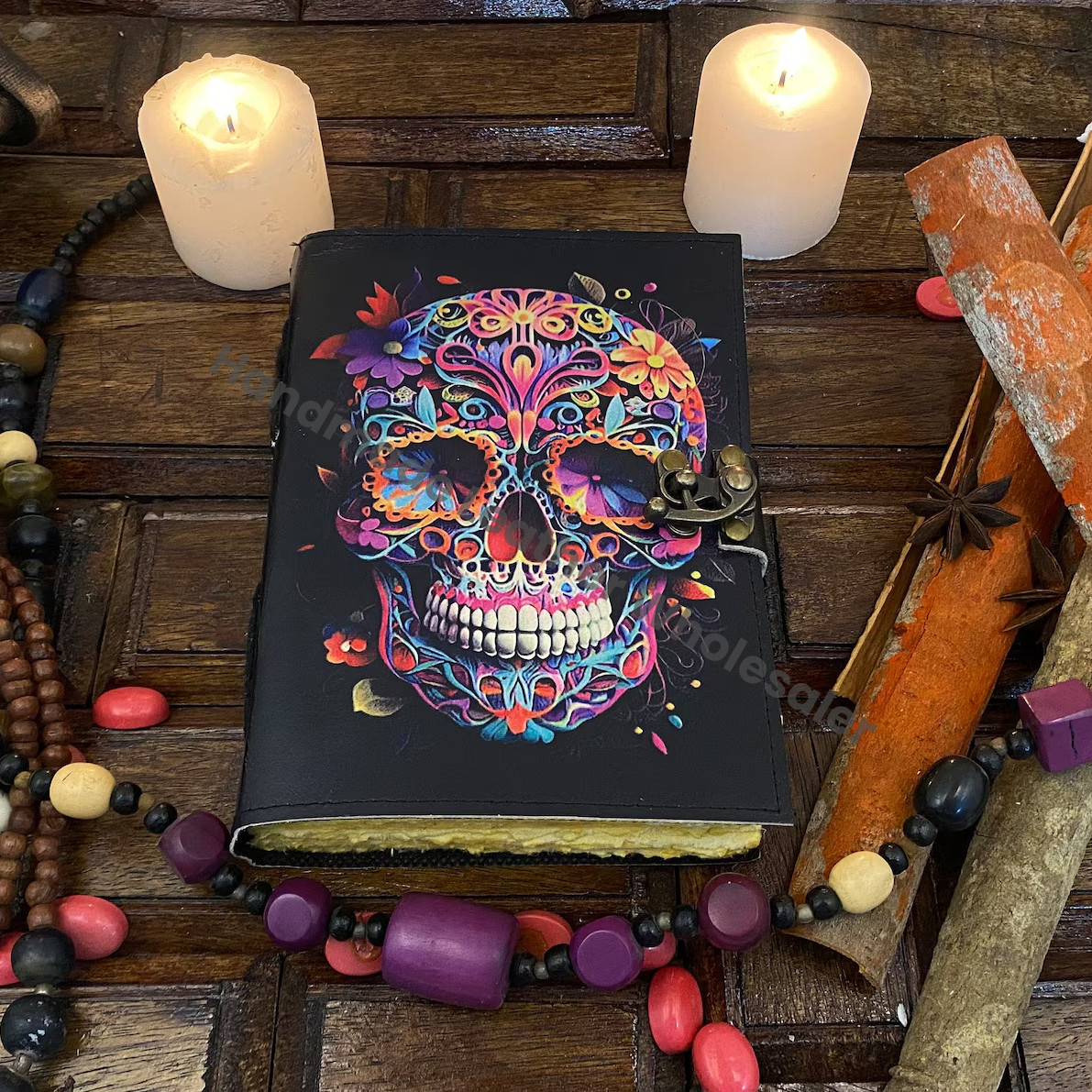 Skull Print Leather Journal: Blank Book of Shadows, Grimoire, Sketchbook