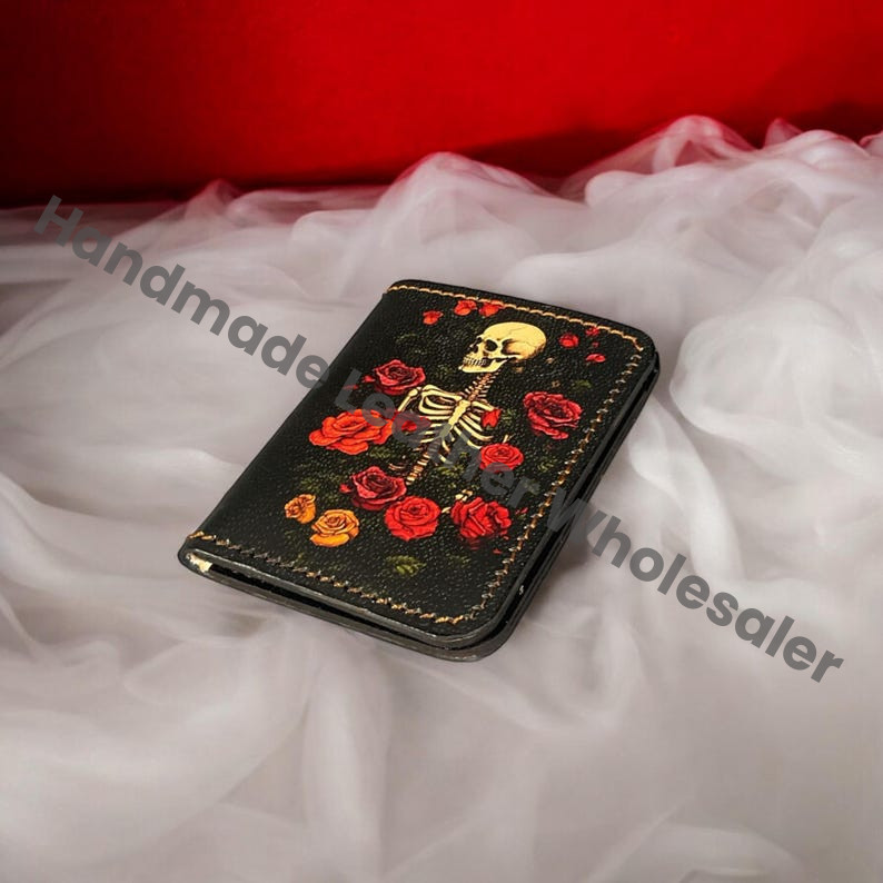 Skull & Rose Leather Bifold Wallet, Personalized Card Holder