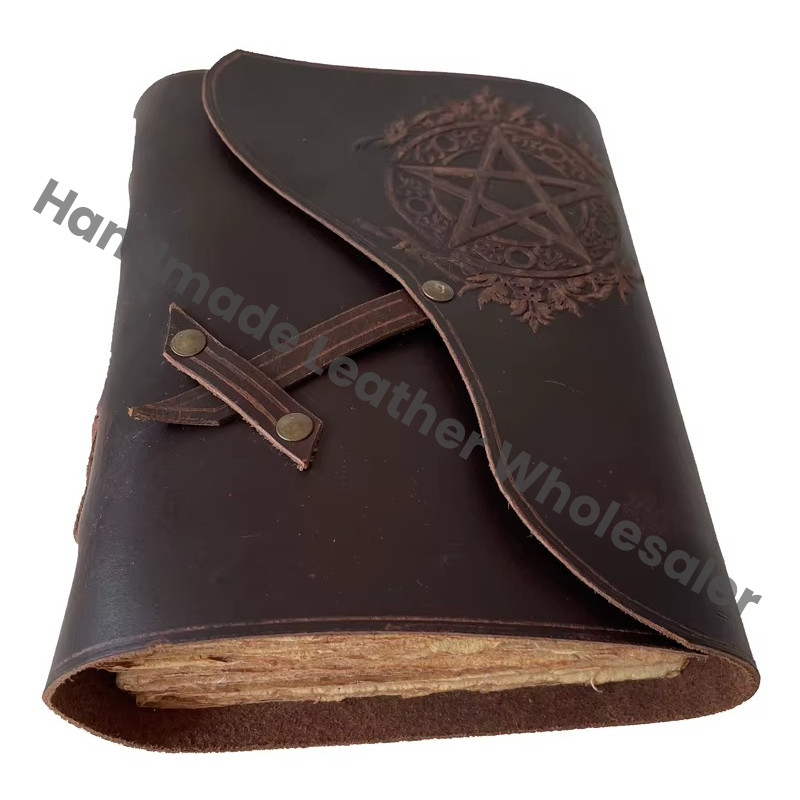 Soft Pentagram Embossed Brown Leather Address Book Bound Wrap Silver Pentacle Antique Handmade Eco-friendly Paper Gift