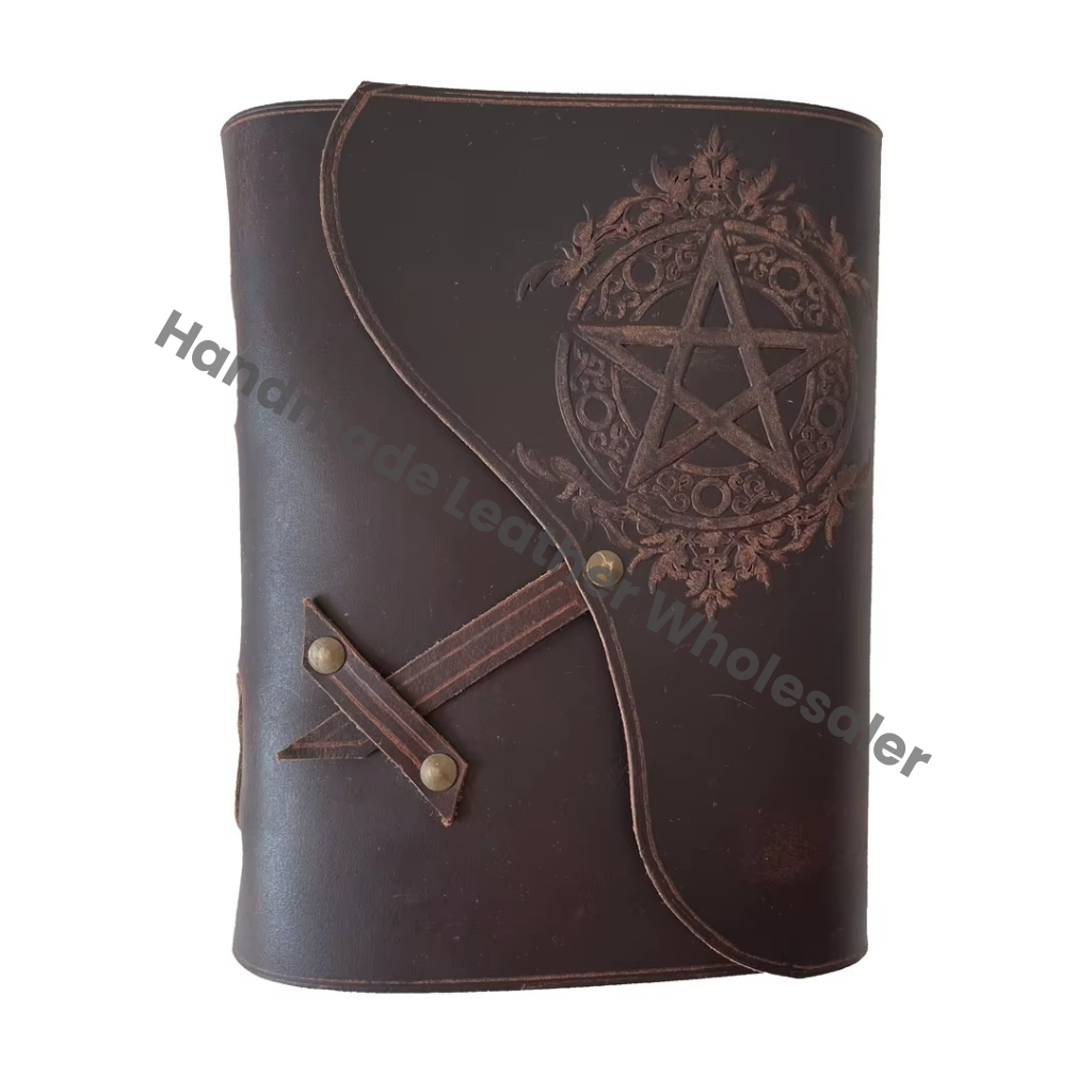 Soft Pentagram Embossed Brown Leather Address Book Bound Wrap Silver Pentacle Antique Handmade Eco-friendly Paper Gift