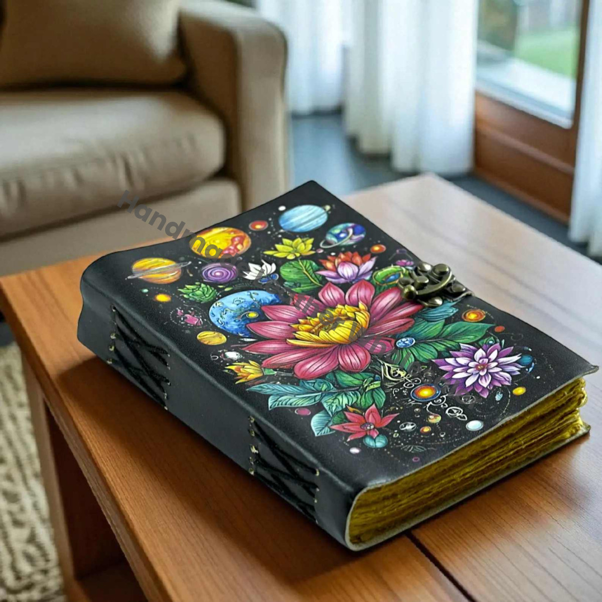 Solar System Leather Journal: Lotus & Celestial Grimoire with Clasp