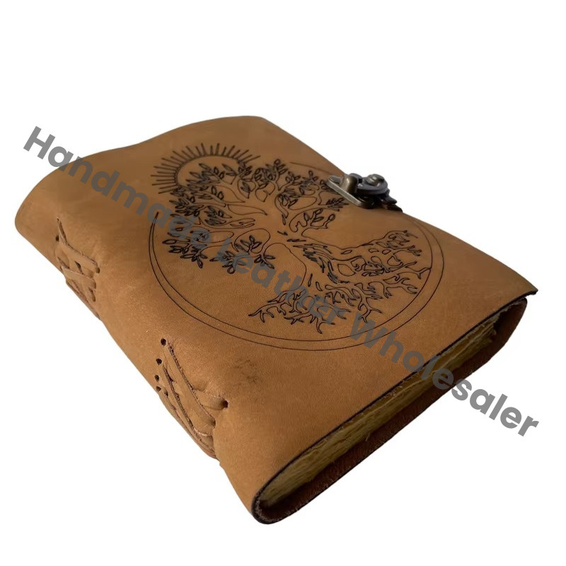 Spell Blank Book Shadows Journal Spiral Bound Leather Vintage Handmade Deckle Paper Tree Life Figure Laser Cut Diary
