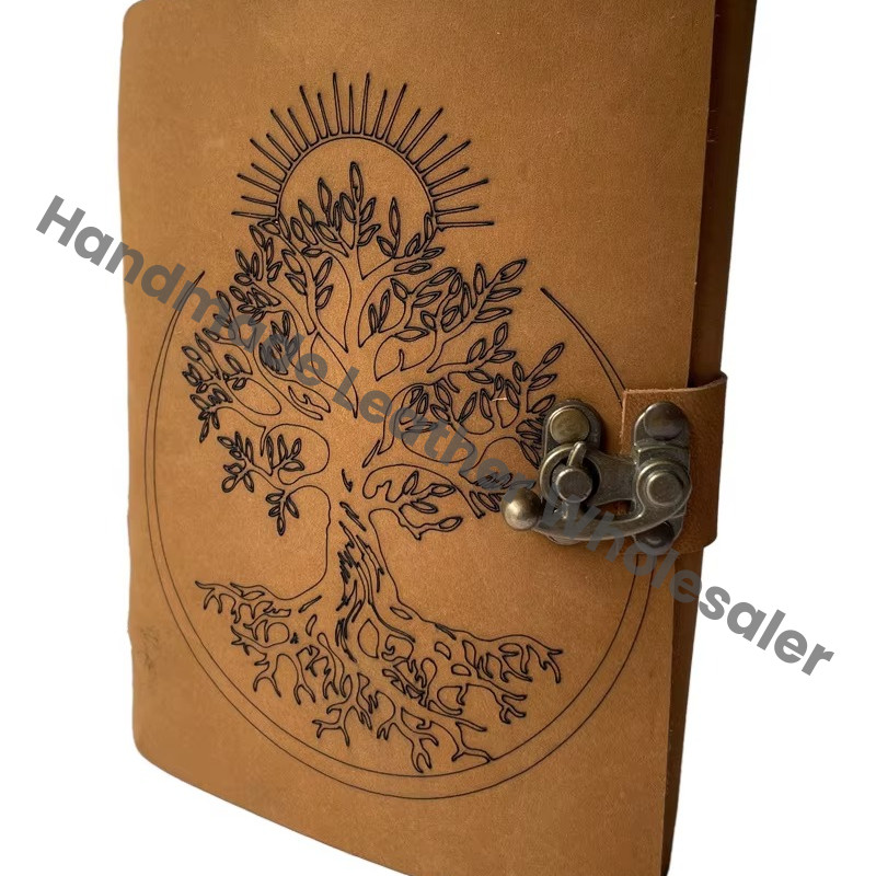 Spell Blank Book Shadows Journal Spiral Bound Leather Vintage Handmade Deckle Paper Tree Life Figure Laser Cut Diary