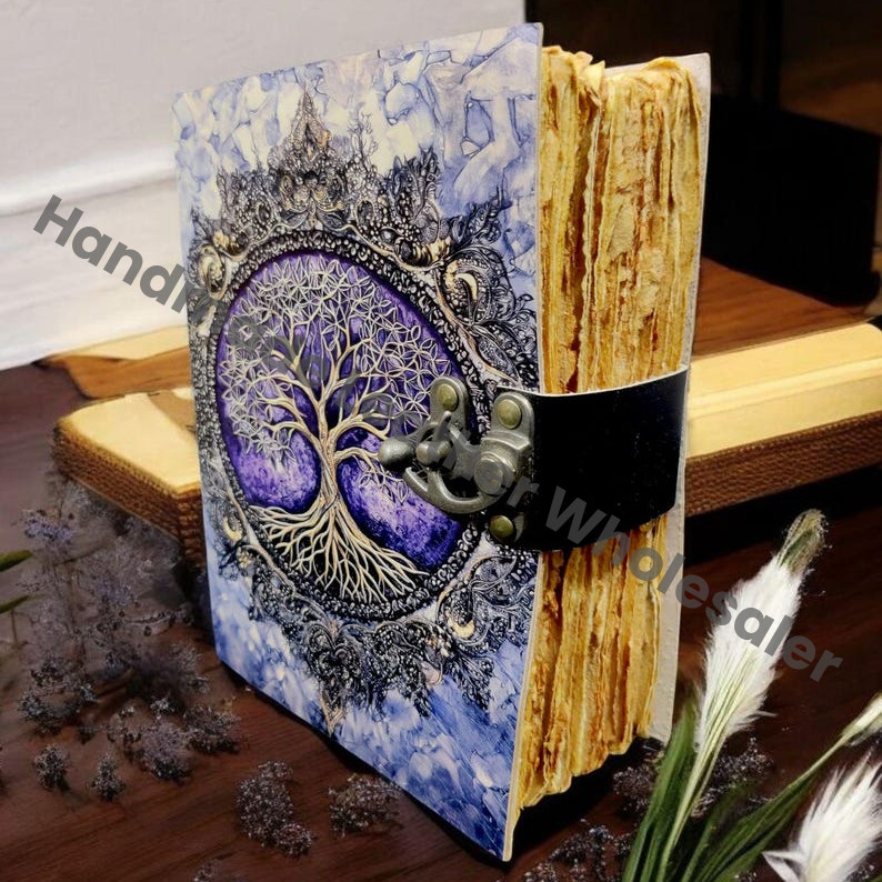 Spiritual Writing Sketchbook Tree of Life Grimoire Vintage leather journal, Blank spell book of shadows witchcraft, personalised