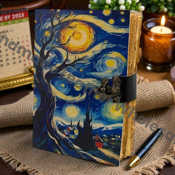 Starry Night Handmade Leather Journal – Grimoire Van Gogh Art Cover Creative Writing Notebook art lover gift