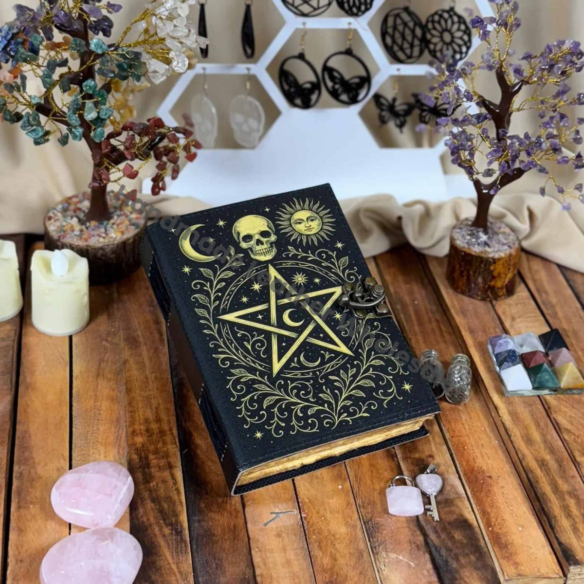 sticMyal Leather Grimoire Journal – Pentagram Moon Sun Witchcraft Book – Gothic Book of Spells – Wiccan Pagan Book of Shadows