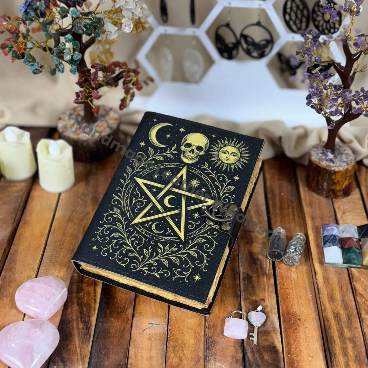 sticMyal Leather Grimoire Journal – Pentagram Moon Sun Witchcraft Book – Gothic Book of Spells – Wiccan Pagan Book of Shadows