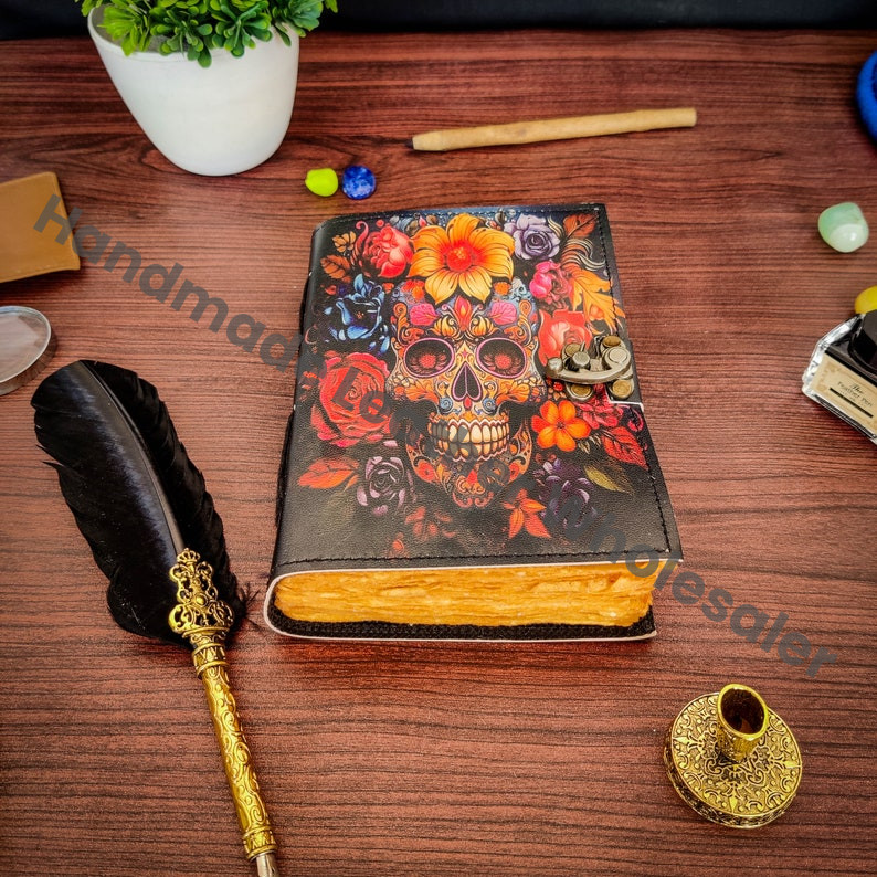 Sugar Skull Leather Journal: Blank Book of Shadows, Vintage Lock