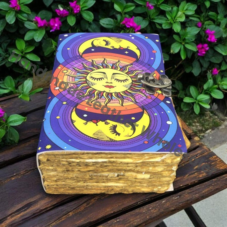 Sun And Moon Handmade Leather Journal for Men & Women Classic Rustic Leather Grimoire: Vintage Spell Book of Shadows Thick Vintage Notebook