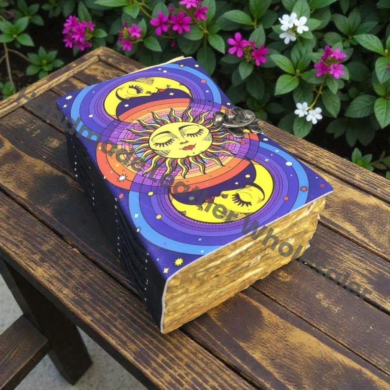 Sun And Moon Handmade Leather Journal for Men & Women Classic Rustic Leather Grimoire: Vintage Spell Book of Shadows Thick Vintage Notebook