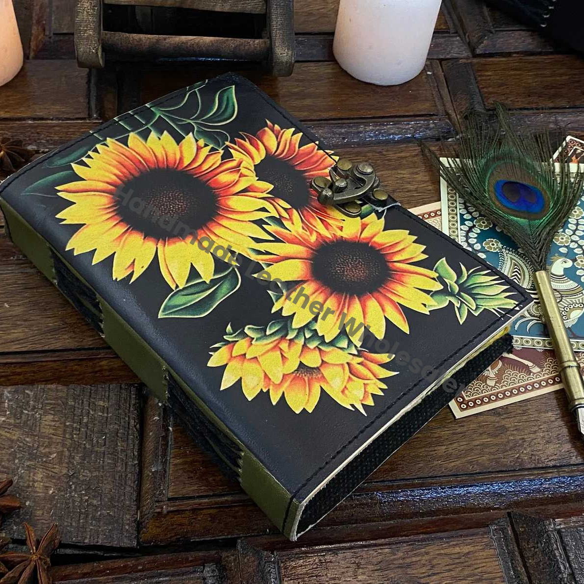 Sun Flower Leather Journal Notepads Book of Shadows Journal for Women Writing Journal, Travel Journal, Handmade deckle Edge paper With Lock
