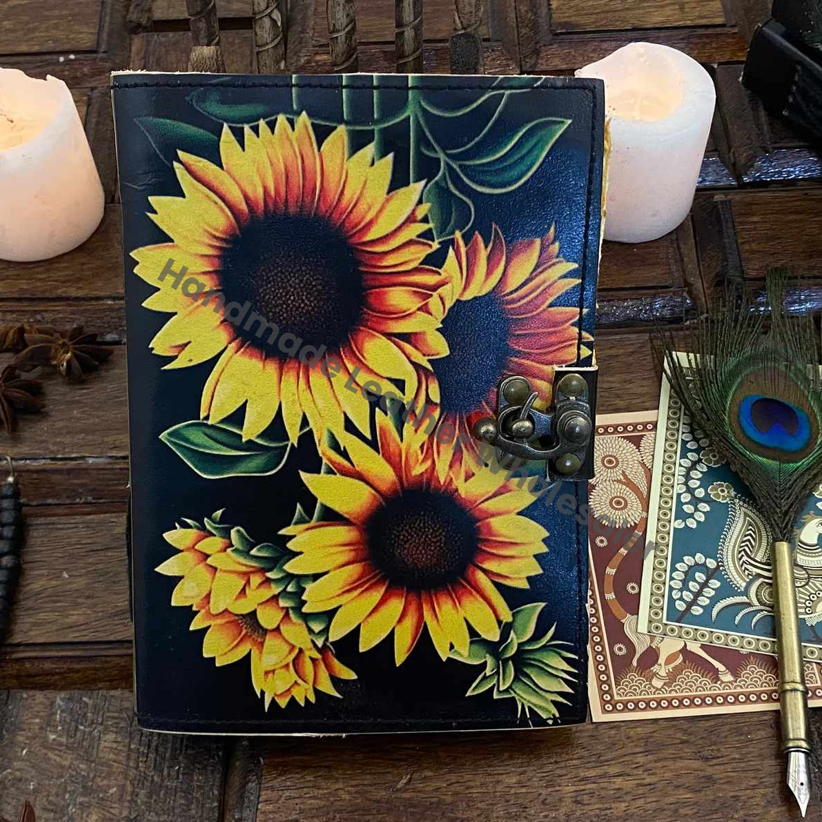 Sun Flower Leather Journal Notepads Book of Shadows Journal for Women Writing Journal, Travel Journal, Handmade deckle Edge paper With Lock