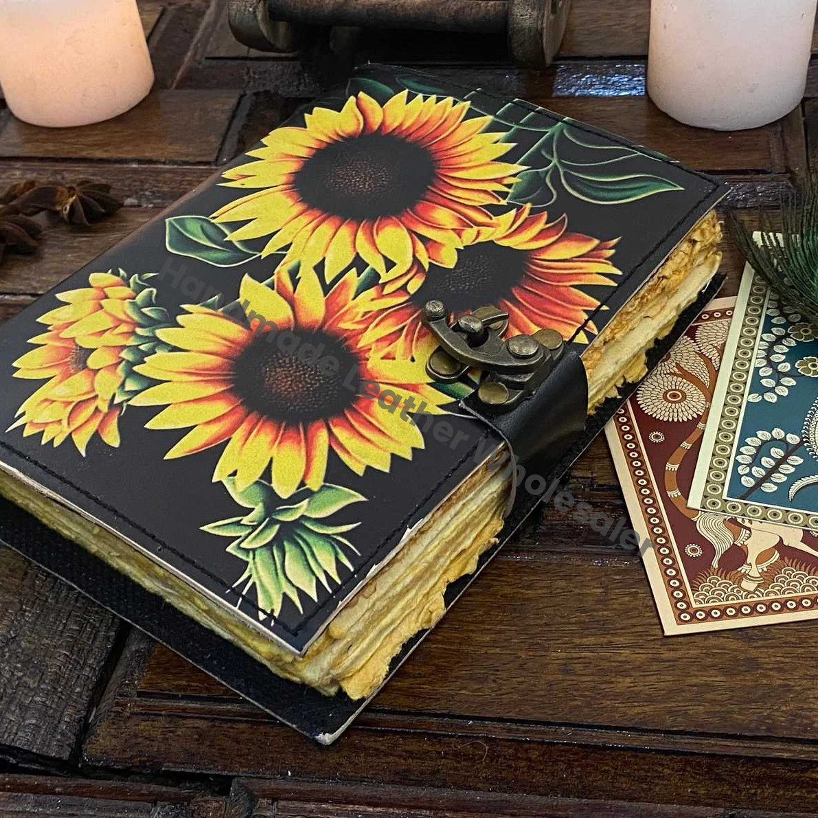 Sun Flower Leather Journal Notepads Book of Shadows Journal for Women Writing Journal, Travel Journal, Handmade deckle Edge paper With Lock