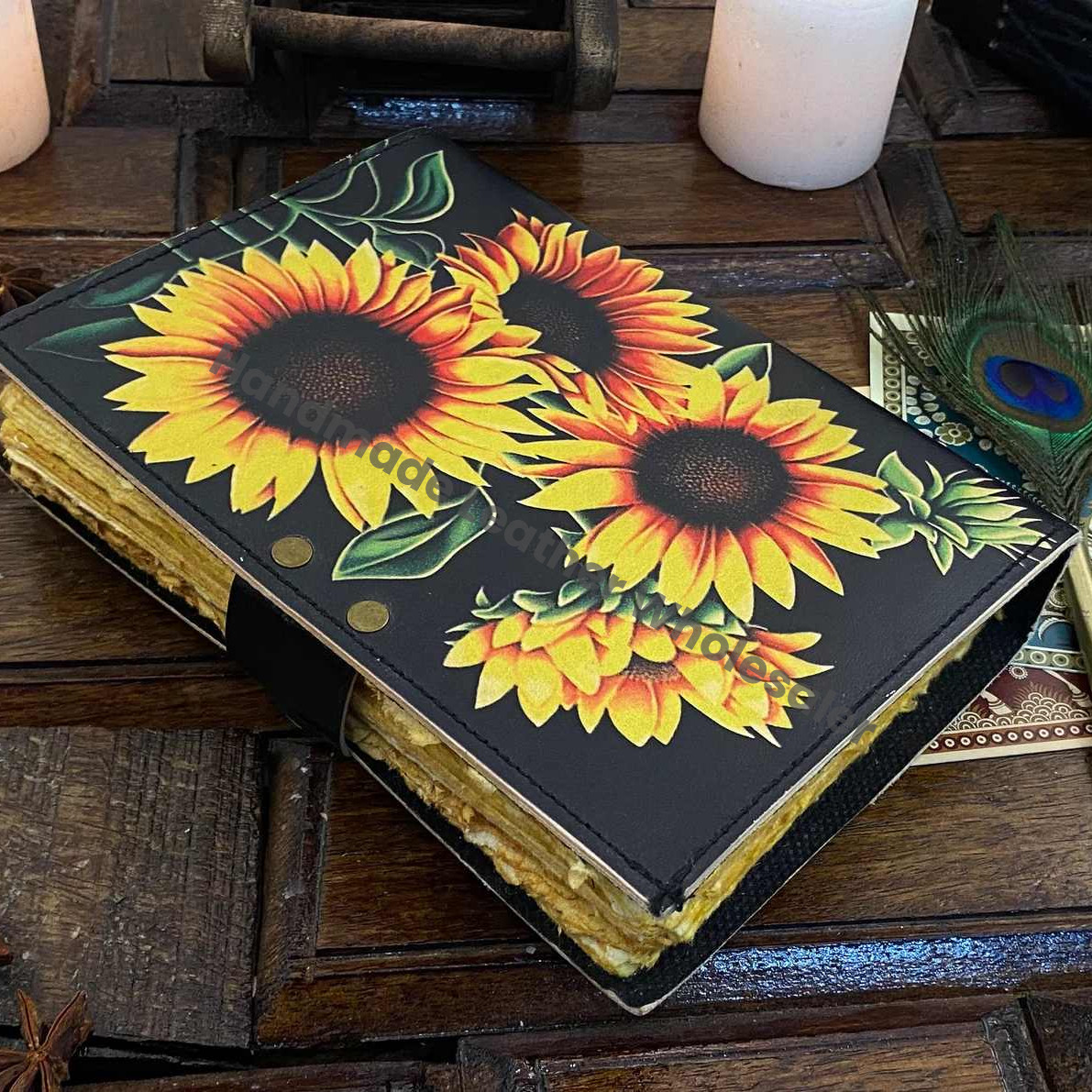 Sun Flower Leather Journal Notepads Book of Shadows Journal for Women Writing Journal, Travel Journal, Handmade deckle Edge paper With Lock