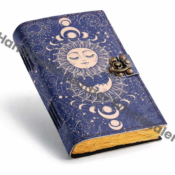 Sun & Moon Leather Journal Grimoire With Handmade Deckle Edge Old Vintage Paper, Book Of Shadows, Leather Sketchbook, Drawing Journal, Leather Journal for Men & Women, Great Gift
