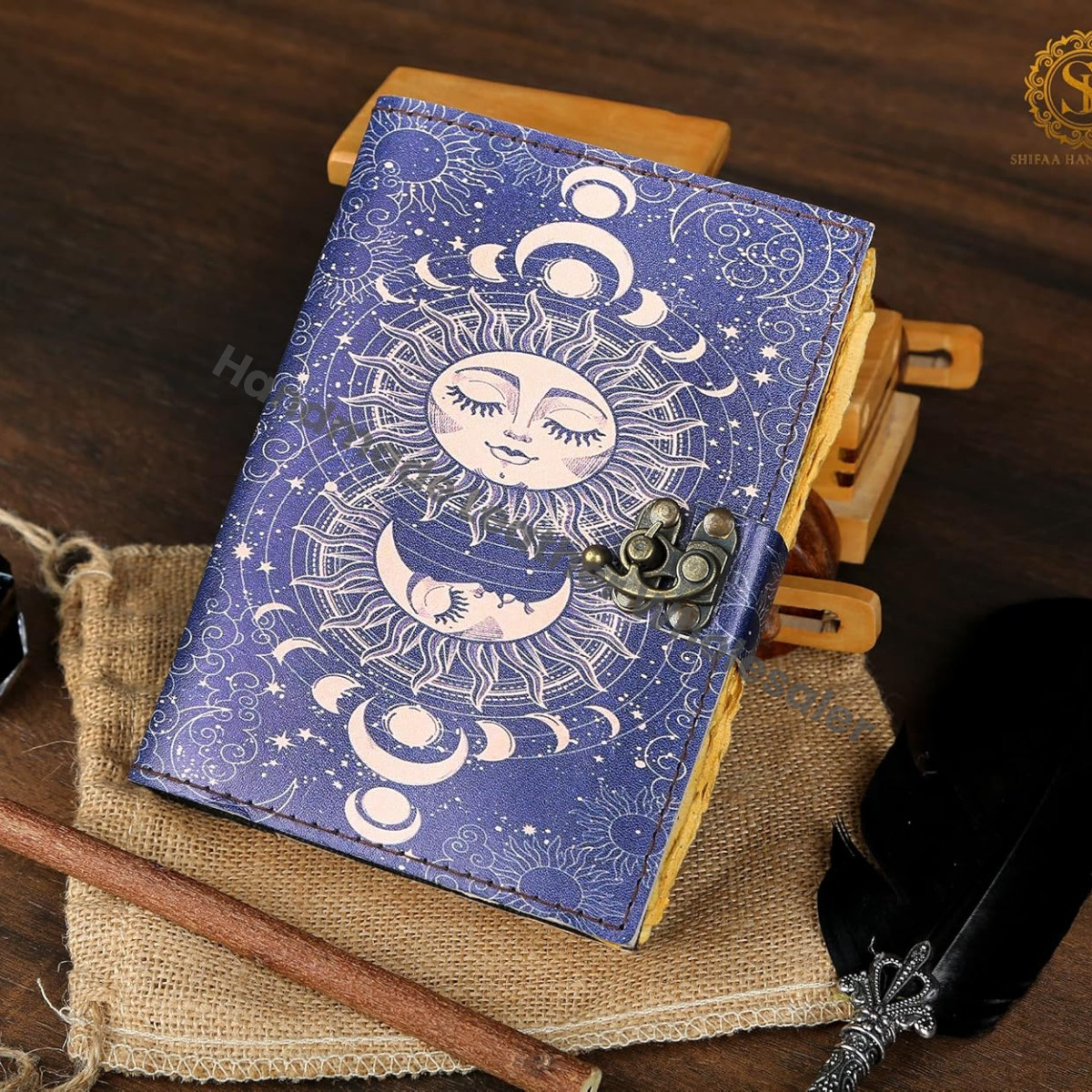 Sun & Moon Leather Journal Grimoire With Handmade Deckle Edge Old Vintage Paper, Book Of Shadows, Leather Sketchbook, Drawing Journal, Leather Journal for Men & Women, Great Gift