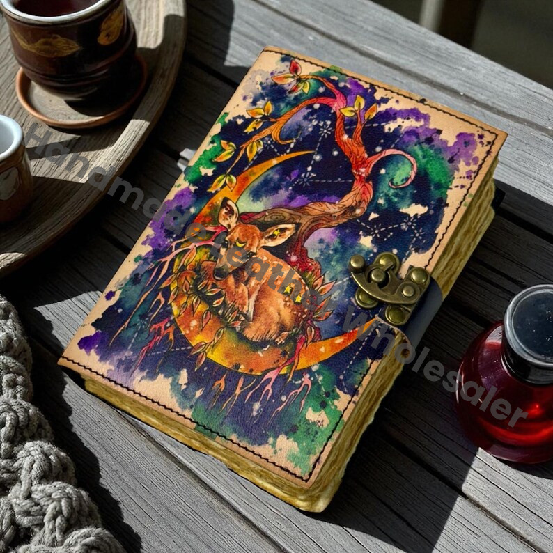 Swamp Deer Leather Grimoire Journal – Handmade Book of Shadows, Vintage Witchcraft Spellbook, Wiccan Pagan Gothic Witchy Gift