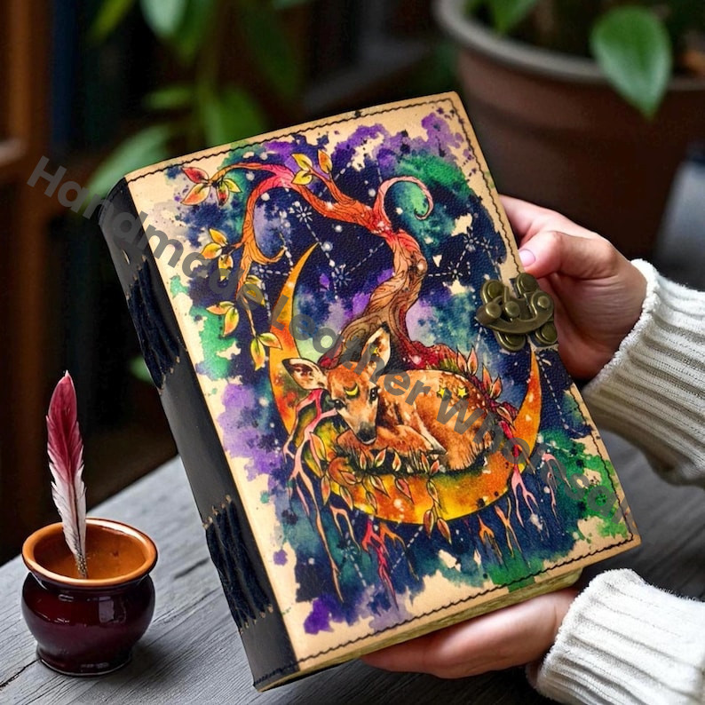 Swamp Deer Leather Grimoire Journal – Handmade Book of Shadows, Vintage Witchcraft Spellbook, Wiccan Pagan Gothic Witchy Gift