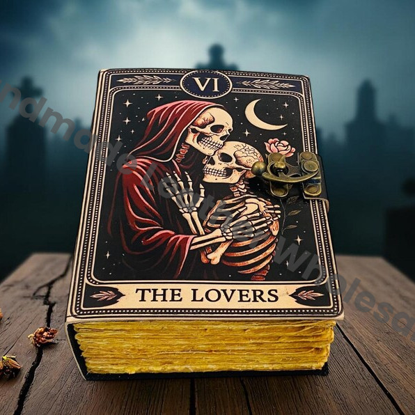 The Lovers Handmade Leather Gothic Journal – Witchcraft Spell Book of shadows with deckle page