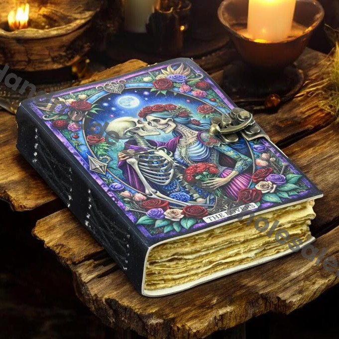 The Lovers Leather Grimoire Journal – Witchcraft Book of Shadows | Celestial Wiccan Spellbook, Gothic Pagan Witchy Gift Diary