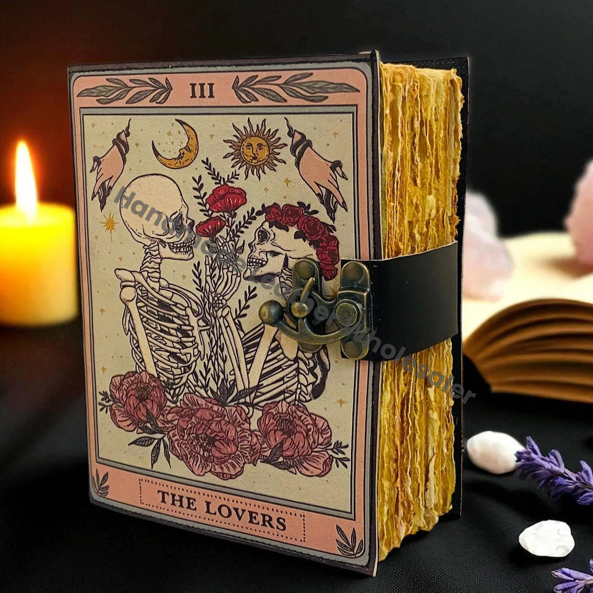 The Lovers Tarot Grimoire Journal – Vintage Leather Spell Book, Gothic Witchy Journal, Deckle Paper Wiccan Diary, Halloween Gift