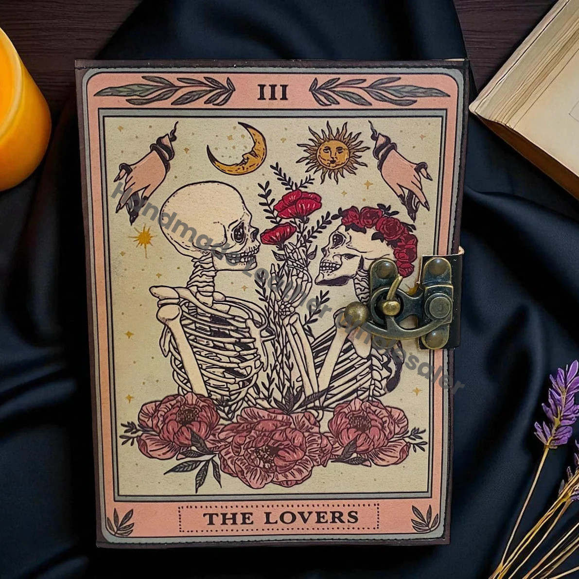 The Lovers Tarot Grimoire Journal – Vintage Leather Spell Book, Gothic Witchy Journal, Deckle Paper Wiccan Diary, Halloween Gift