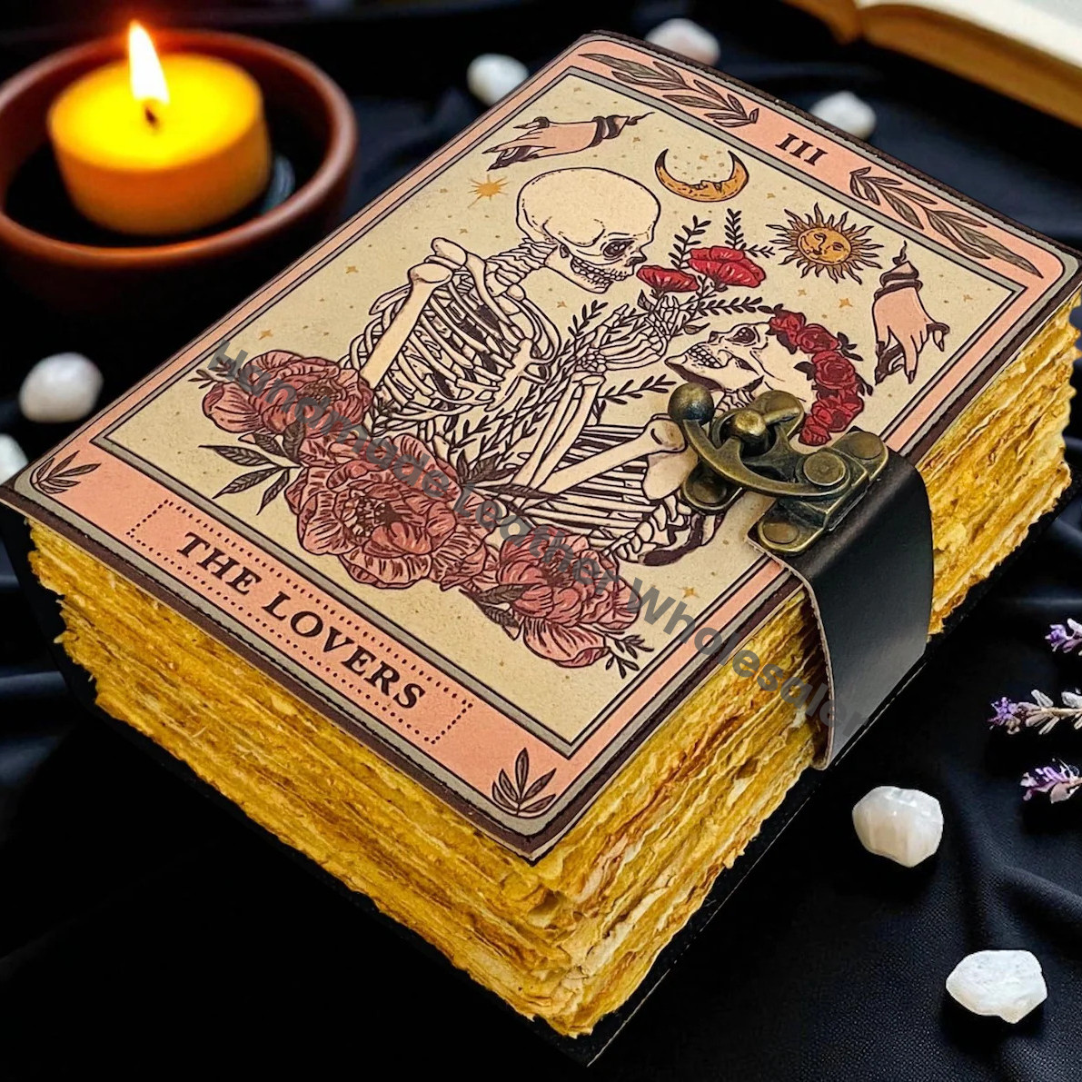 The Lovers Tarot Grimoire Journal – Vintage Leather Spell Book, Gothic Witchy Journal, Deckle Paper Wiccan Diary, Halloween Gift