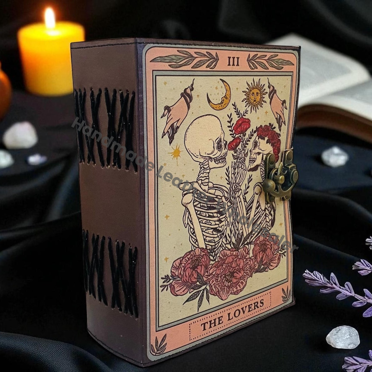 The Lovers Tarot Grimoire Journal – Vintage Leather Spell Book, Gothic Witchy Journal, Deckle Paper Wiccan Diary, Halloween Gift