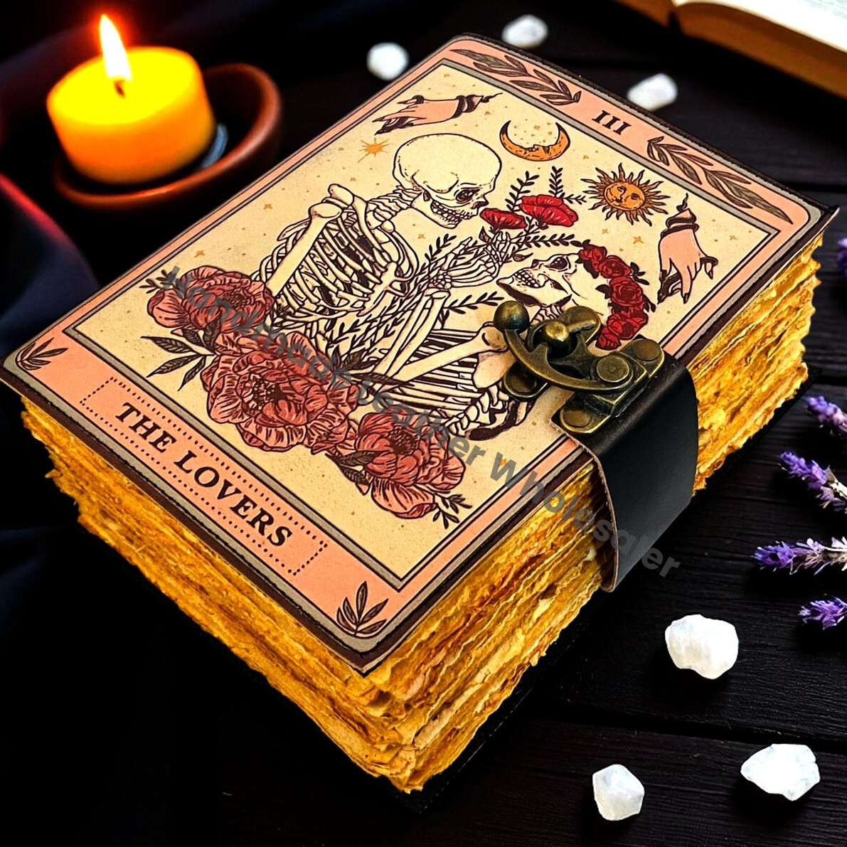 The Lovers Tarot Grimoire Journal – Vintage Leather Spell Book, Gothic Witchy Journal, Deckle Paper Wiccan Diary, Halloween Gift