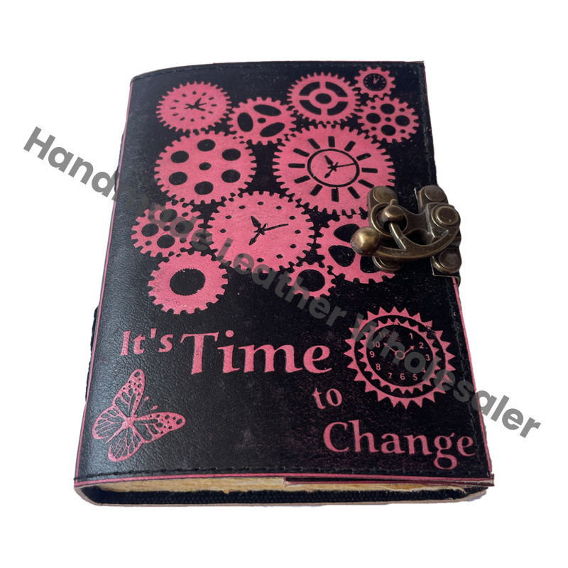 Time Machine Emboss Antique Book Spell Charmed Leather Handmade Deckle Edge Paper Pink Black Vintage Sketchbook Planner Gift