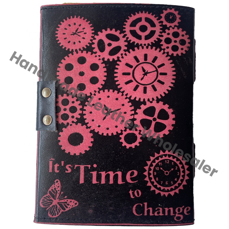 Time Machine Emboss Antique Book Spell Charmed Leather Handmade Deckle Edge Paper Pink Black Vintage Sketchbook Planner Gift