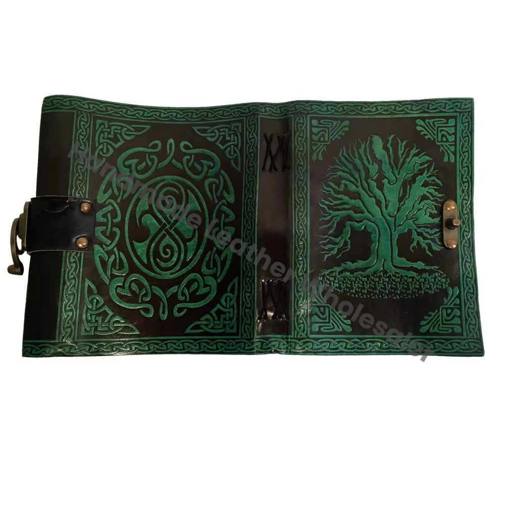 Tree Life Leather Journal Vintage Handmade Black Hardcover Amethyst Stone Custom Logo Women Large Book Spell Grimoire Sketchbook
