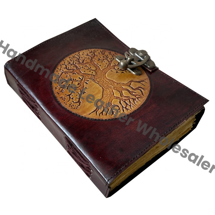 Tree of Life Antique Handmade Deckle Edge Paper Yellow Brown Embossed Vintage Leather Journal Sketchbook Book of Charmed Spell