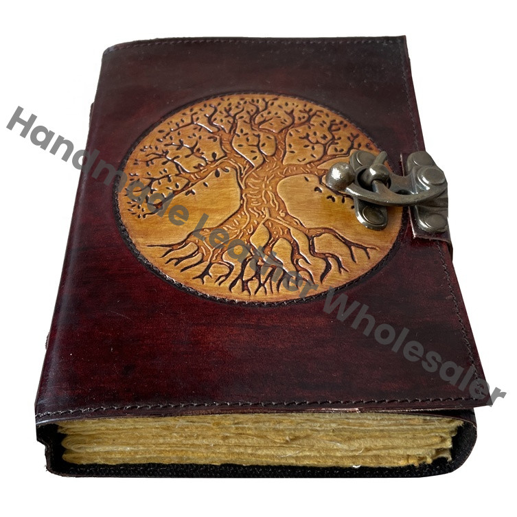 Tree of Life Antique Handmade Deckle Edge Paper Yellow Brown Embossed Vintage Leather Journal Sketchbook Book of Charmed Spell