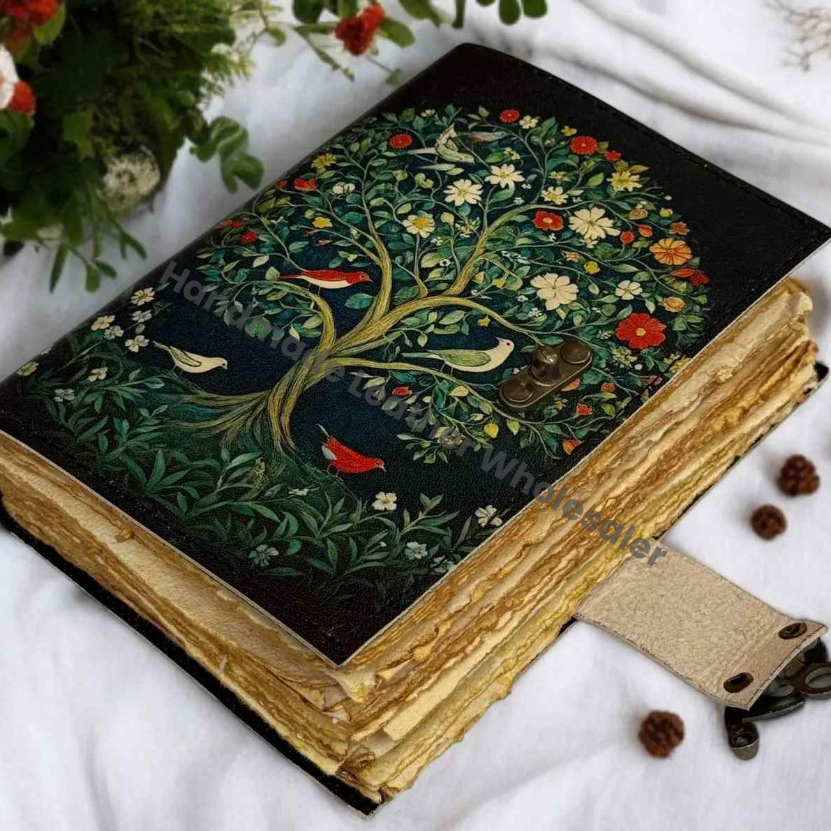 Tree of Life Leather Grimoire – Book of Shadows with Lock, Witchcraft Journal, Spell Book, Wiccan Notebook