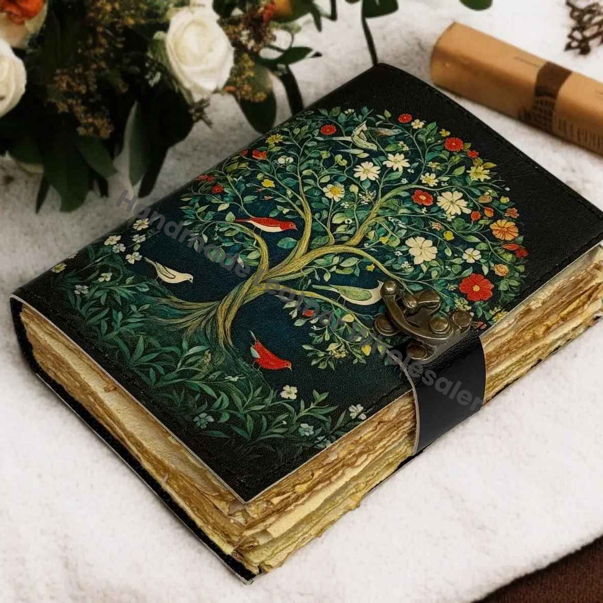 Tree of Life Leather Grimoire – Book of Shadows with Lock, Witchcraft Journal, Spell Book, Wiccan Notebook