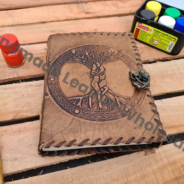 Tree Of Life Leather Journal, Embossed Handmade Paper Grimoire