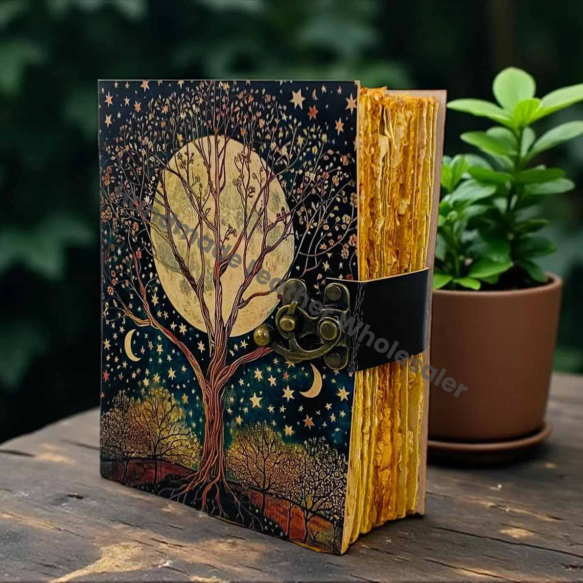 Tree of Life Leather Journal – Fairy Moon and Stars Grimoire Notebook – Witchy 200 or 400 Deckle Edge page Spell Book – Pagan Diary